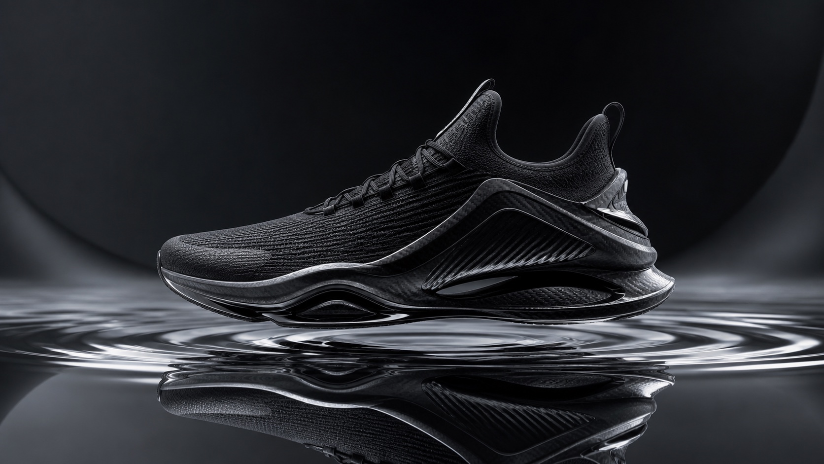 Matte-black futuristic sneaker floating above liquid mercury