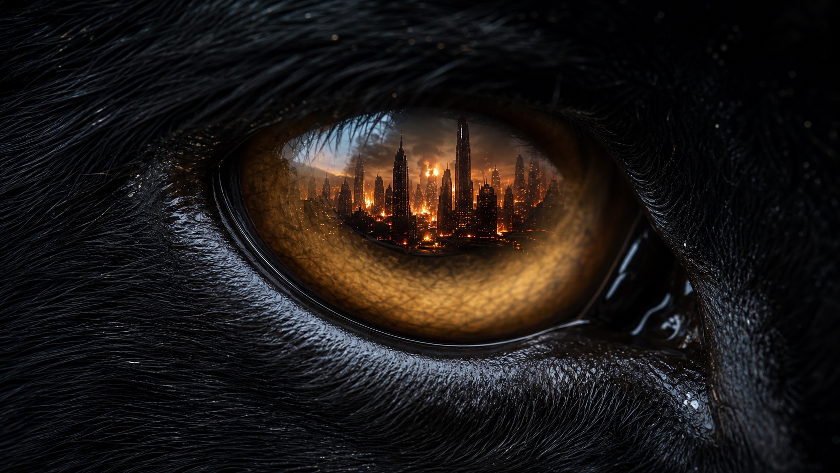Black panther eye reflecting a burning futuristic city